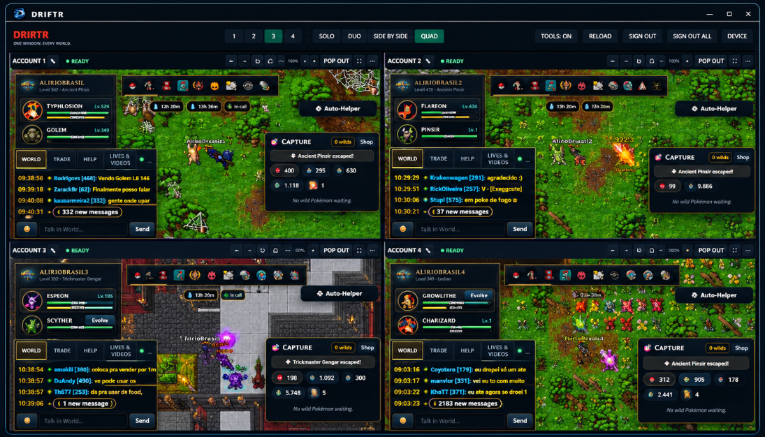 DRIFTR desktop app showing four independent game sessions in QUAD layout